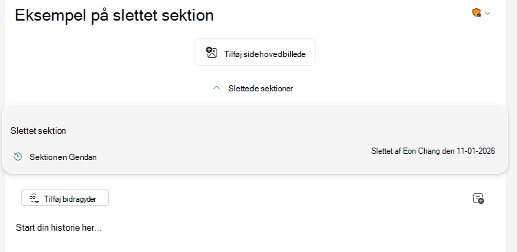 Til/fra-knappen Slettede sektioner findes øverst i udgaven