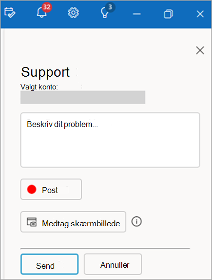 Skærmbillede af ruden kontaktsupport, der viser et område med en beskrivelse af problemet
