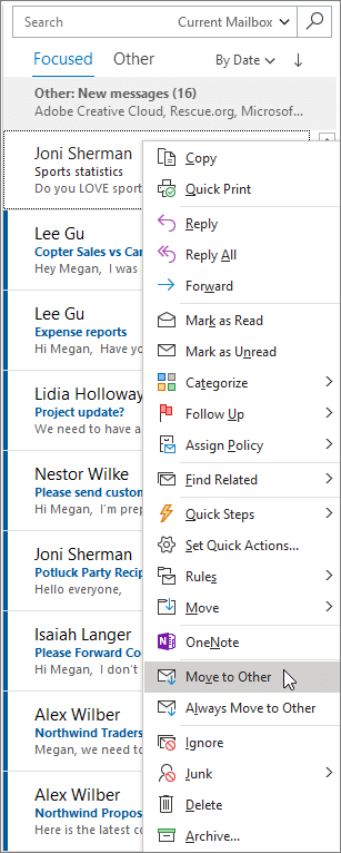 Fokuseret indbakke i Outlook