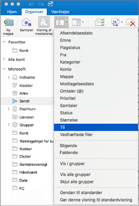 Sortér dine mails på forskellige måder ved at klikke på Organiser Arranger > efter > og vælge på listen over indstillinger