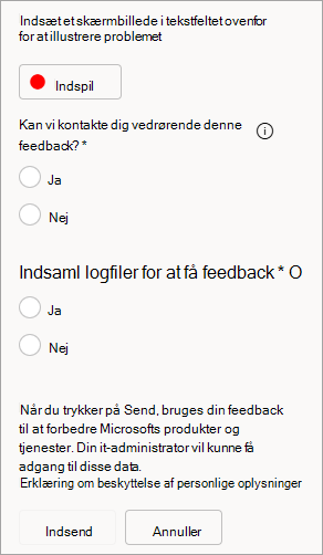 Skærmbillede, der viser muligheden for at tillade kontakt og sende logfiler, når du sender feedback