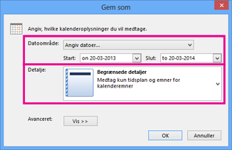 Gemme kalender – vælg detaljer