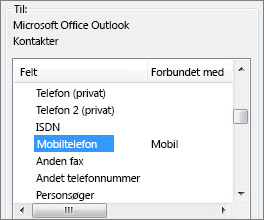 Cell ph er forbundet med feltet Mobiltelefon i Outlook