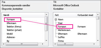 Tilknytning af en kolonne fra Excel til et Outlook-kontaktfelt