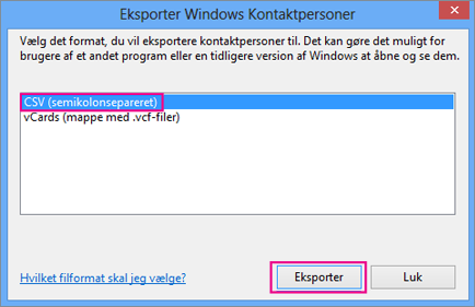 Vælg CSV, og vælg derefter Eksportér.
