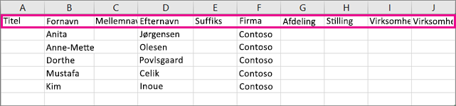 Sådan ser eksemplet .csv fil ud i Excel.