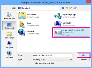 Vælg den vCard-fil, som du vil importere til .csv.