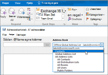 Når du har importeret dine Gmail-kontakter, kan du finde dem i Office 365 ved at vælge adressekartoteket