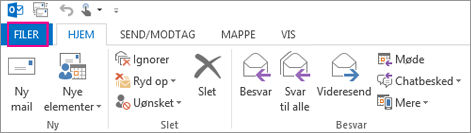 Sådan ser skrivebordsbåndet til Outlook ud.