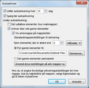Dialogboksen med indstillinger for Autoarkiver