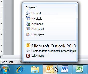 Outlook 2010 jumpliste på Windows 7 proceslinjen