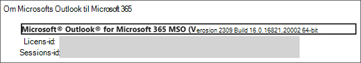 Skærmbillede, der viser navnet på produktet, den version, du kører, og hvis den er 32- eller 64-bit.