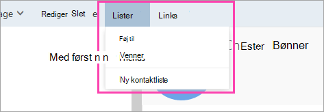 Et skærmbillede af knappen Lister