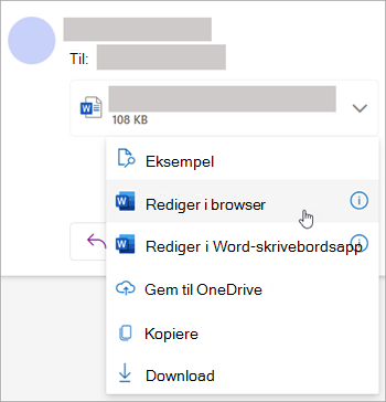 Skærmbillede, der viser rullelisten over vedhæftede filer med Rediger i browser markeret