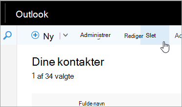 Skærmbillede af knappen Slet under Outlook-navigationslinjen.