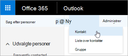 Et skærmbillede af genvejsmenuen for knappen Ny, hvor Kontakt er markeret.