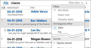 Liste over tilgængelige filtre til sortering af meddelelser