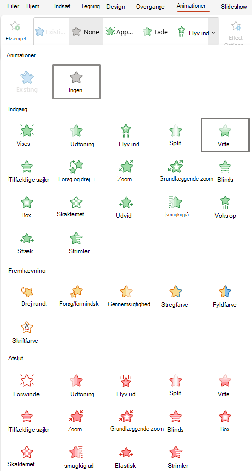 Skærmbillede af animationer, der er tilgængelige for PowerPoint på internettet.