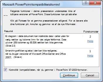Besked om kompatibilitetskontrol
