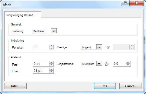 Dialogboksen Afsnit i PowerPoint