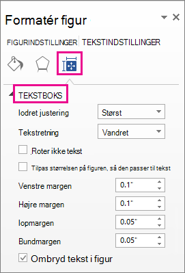 Indstillinger for tekstfelter i ruden Formatér figur