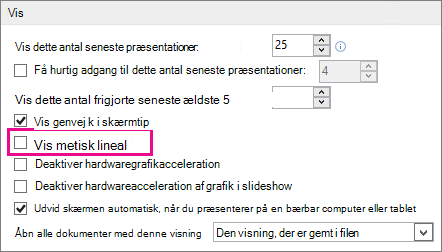 Afkrydsningsfeltet Vis lodret lineal