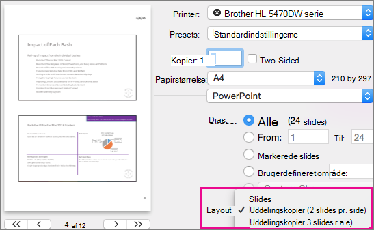 PowerPoint til Mac Forhåndsvisning af uddelingskopier til udskrivning