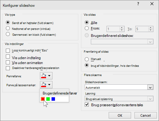 Viser indstillinger for laserpegepind i PowerPoint