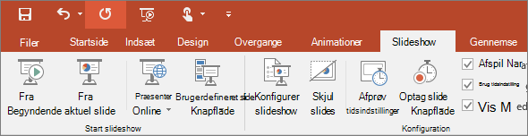 Viser fanen Slideshow på båndet i PowerPoint