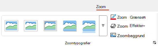 Fanen Zoom på båndet i PowerPoint indeholder formateringsindstillinger som kant og baggrund.