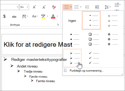 Indstilling af standardpunkttegn for alle niveauer