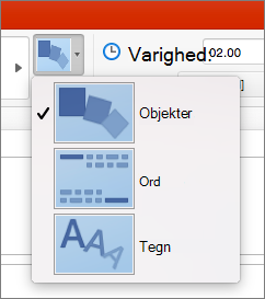 Viser effektindstillinger til Omform-overgangen i PowerPoint 2016 til Mac