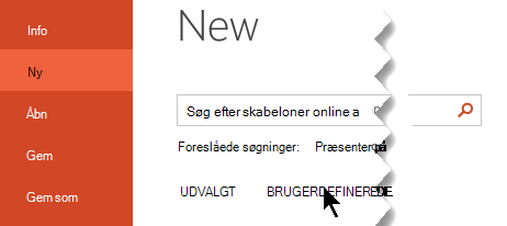 Under Ny fil > skal du vælge indstillingen Brugerdefineret for at få vist dine personlige skabeloner
