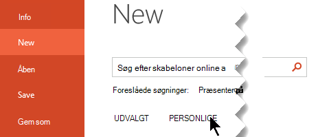 Under Ny fil > skal du vælge indstillingen Personlig for at få vist dine personlige skabeloner