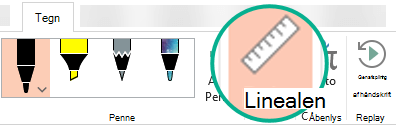 Linealstencilen findes under fanen Tegn på båndet i PowerPoint 2016.