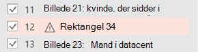 Der vises et advarselssymbol ud for et element, der skal bruge alternativ tekst.