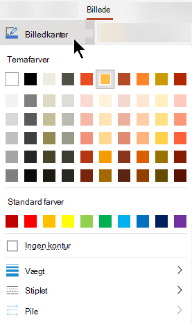 Menuen Billedkanter har indstillinger for farve, tykkelse og stregtype.