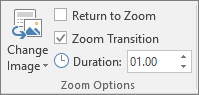 Viser gruppen Zoomindstillinger under fanen Format for et Sektionszoom eller Slidezoom i PowerPoint.