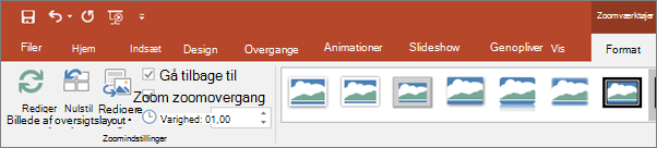 Viser Zoomværktøjer under fanen Format på båndet i PowerPoint.