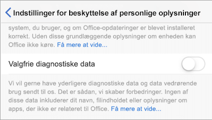 Skærmbillede af til/fra-knappen Valgfrie diagnostiske data