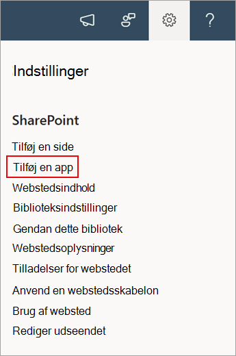 Skærmbillede, der viser kommandoen Tilføj en app i SharePoint.
