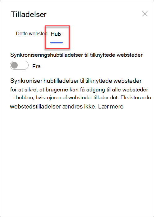 skærmbillede af aktivering af synkroniseringshubtilladelser
