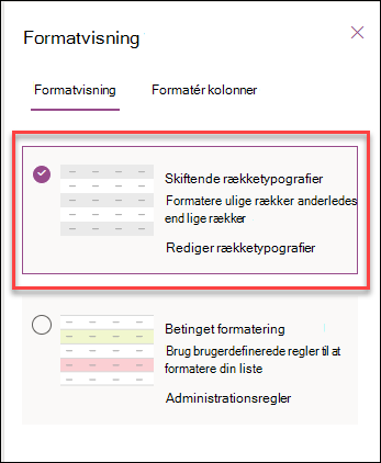 skærmbillede af formatering af alternative rækker