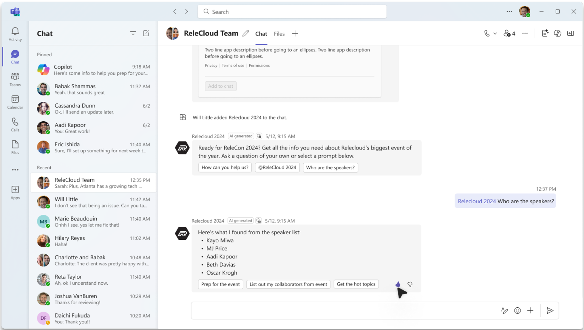 Skærmbillede af chat med en agent i Teams.