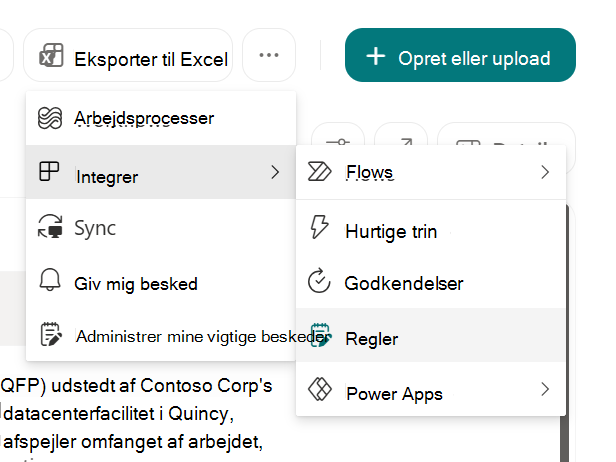 Skærmbillede, der viser Opret en regel for at automatisere en liste i SharePoint.