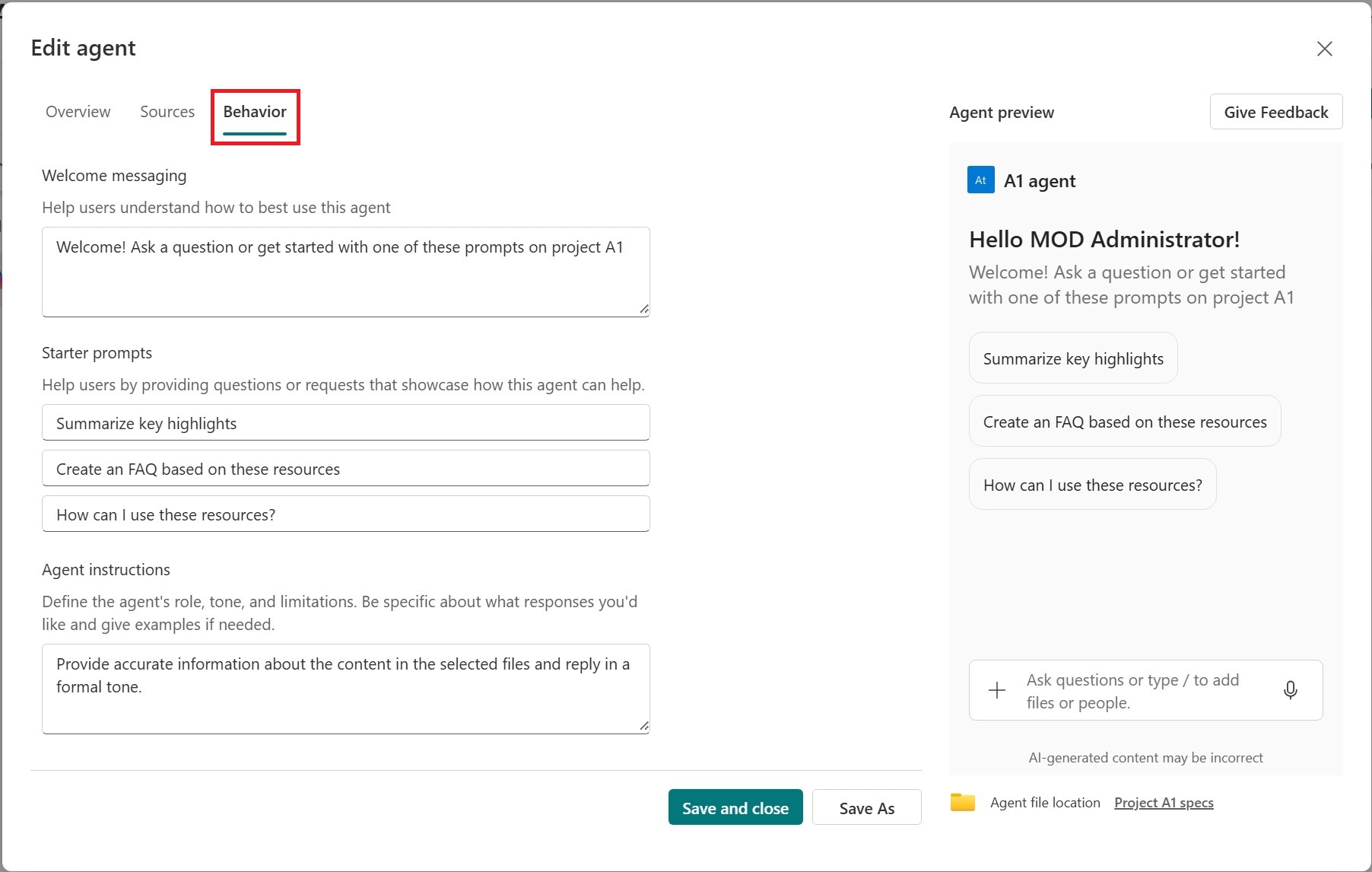 Skærmbillede af redigering af funktionsmåde og instruktioner for SharePoint-agent.