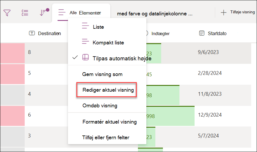 Skærmbillede af valg af rediger aktuel visning