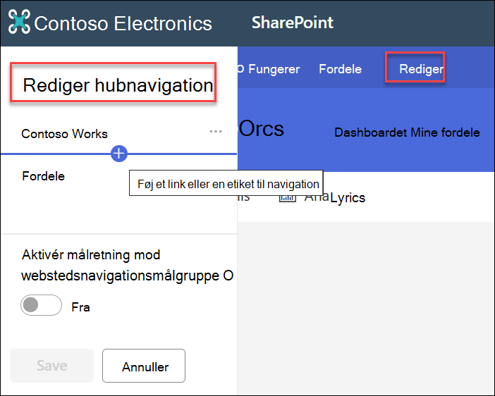 skærmbillede af navigation i redigeringshub