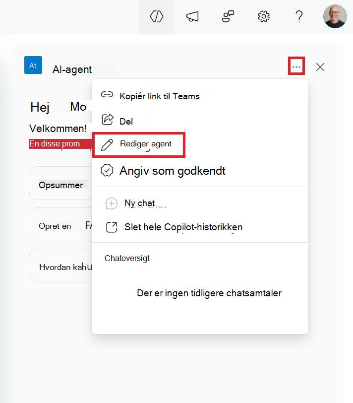 Skærmbillede af menuen til at redigere en SharePoint-agent fra sidevognen