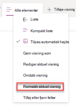 skærmbillede af valg af formatér aktuel række